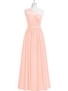 Pink A-line One Shoulder Sleeveless Chiffon Floor Length Lace Prom Gown