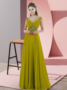 Glamorous Floor Length Olive Green Prom Dress V-neck Cap Sleeves Backless