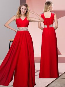 Hot Sale Red Lace Up Prom Dresses Beading Sleeveless Floor Length