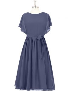 Sophisticated Blue Short Sleeves Chiffon Zipper for Prom and Party and Military Ball