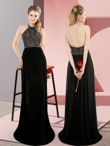 Black Prom Gown Prom and Party and Military Ball with Beading High-neck Sleeveless Sweep Train Backless