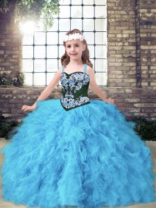 Custom Made Baby Blue Tulle Lace Up Girls Pageant Dresses Sleeveless Floor Length Embroidery and Ruffles