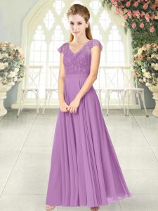 Lilac Cap Sleeves Ankle Length Lace Zipper Dress for Prom