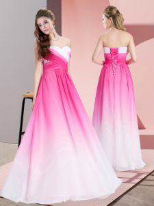 Floor Length Pink And White Prom Gown Chiffon Sleeveless Ruching