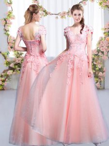 Flirting Pink V-neck Lace Up Beading and Appliques Bridesmaid Gown Cap Sleeves