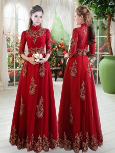 3 4 Length Sleeve Floor Length Lace Zipper Womens Evening Dresses with Wine Red