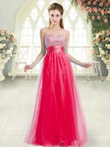 Beading Prom Dress Coral Red Lace Up Sleeveless Floor Length