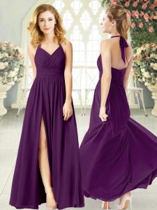 Classical Purple Sleeveless Ruching Floor Length Prom Dresses