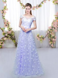 Deluxe Lavender Cap Sleeves Floor Length Appliques Lace Up Wedding Guest Dresses