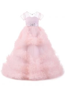 Baby Pink Short Sleeves Tulle Backless Child Pageant Dress for Wedding Party