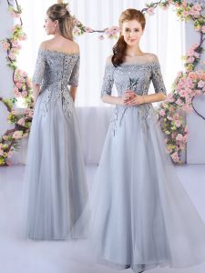Low Price Floor Length Lace Up Dama Dress for Quinceanera Grey for Prom and Party with Appliques
