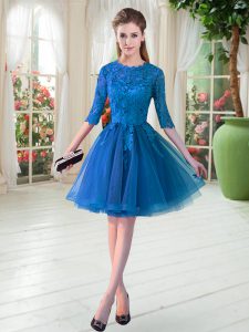 Blue A-line Lace Prom Party Dress Zipper Tulle Half Sleeves Knee Length