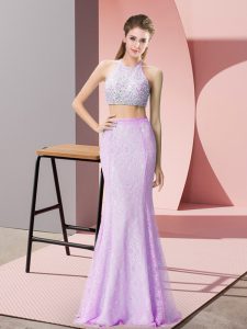 Beauteous Lilac Sleeveless Floor Length Beading and Lace Backless Prom Party Dress