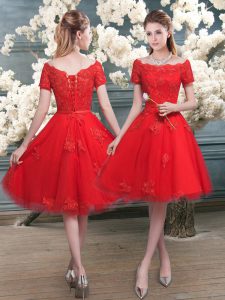 Red Tulle Lace Up Off The Shoulder Short Sleeves Knee Length Lace