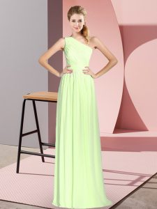 Super Yellow Green Lace Up Dress for Prom Ruching Sleeveless Floor Length