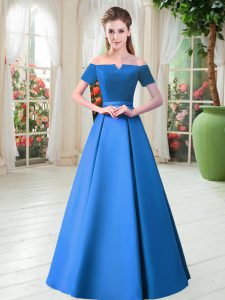 Elegant Blue Off The Shoulder Lace Up Belt Prom Dress Short Sleeves