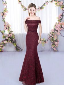 Burgundy Lace Up Wedding Party Dress Sleeveless Floor Length Lace
