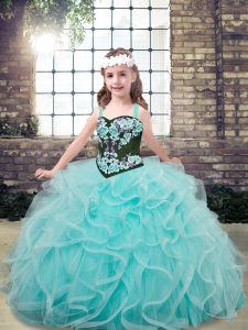 Eye-catching Floor Length Aqua Blue Little Girl Pageant Dress Straps Sleeveless Lace Up