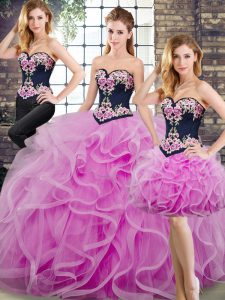 Luxurious Lilac Ball Gown Prom Dress Tulle Sweep Train Sleeveless Beading and Embroidery and Ruffles