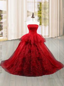 Wine Red Sleeveless Lace and Ruffles Lace Up 15th Birthday Dress