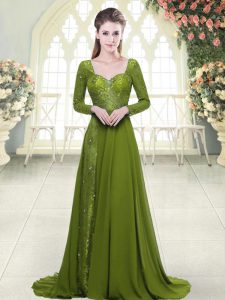 A-line Long Sleeves Olive Green Dress for Prom Sweep Train Backless