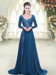 Blue Empire Beading and Lace Prom Evening Gown Backless Chiffon Long Sleeves