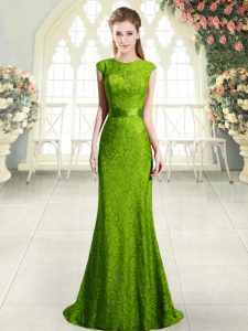 Fantastic Green Backless Scoop Beading and Lace Prom Dress Sleeveless Sweep Train