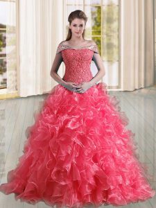Clearance Coral Red Off The Shoulder Neckline Beading and Lace and Ruffles Sweet 16 Dress Sleeveless Lace Up