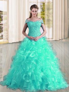 Dazzling A-line Sleeveless Turquoise Sweet 16 Quinceanera Dress Sweep Train Lace Up
