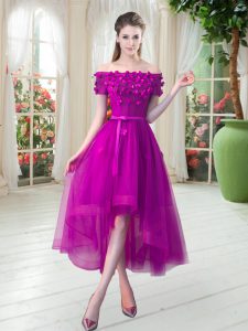 On Sale Fuchsia A-line Tulle Off The Shoulder Short Sleeves Appliques High Low Lace Up Prom Dresses