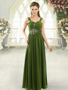 Olive Green Sleeveless Floor Length Beading and Ruching Lace Up Dress for Prom