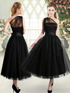Black Side Zipper Prom Dresses Ruching Sleeveless Tea Length