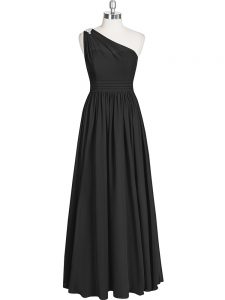 Floor Length Black Prom Evening Gown One Shoulder Sleeveless Zipper