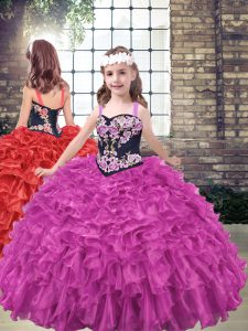 Fuchsia Ball Gowns Straps Sleeveless Organza Floor Length Lace Up Embroidery and Ruffled Layers Little Girl Pageant Dres