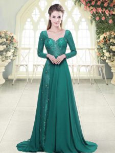 Enchanting Green Chiffon Backless Sweetheart Long Sleeves Prom Gown Sweep Train Beading and Lace