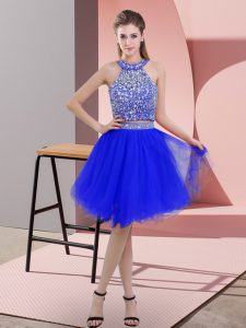 Gorgeous Royal Blue Two Pieces Halter Top Sleeveless Organza Knee Length Backless Beading Homecoming Dress