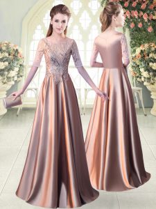 Scoop Half Sleeves Prom Gown Floor Length Sequins Pink Elastic Woven Satin