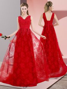 Lace Up Prom Dresses Red for Prom and Party and Military Ball with Beading Sweep Train