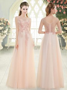 Pink Zipper Scoop Beading and Lace and Appliques Prom Dress Tulle Sleeveless