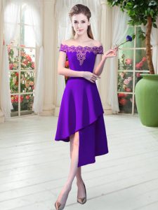 Purple Satin Zipper Dress for Prom Sleeveless Asymmetrical Appliques