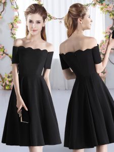 Black Off The Shoulder Zipper Ruching Bridesmaid Gown Short Sleeves