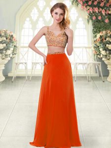 Custom Designed Rust Red Two Pieces Straps Sleeveless Chiffon Floor Length Zipper Beading Prom Dress