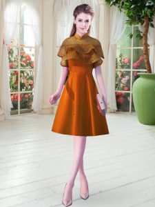 Graceful Cap Sleeves Satin Knee Length Lace Up Dress for Prom in Orange with Lace