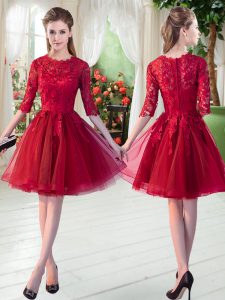 Eye-catching Scalloped Half Sleeves Prom Dress Knee Length Lace Wine Red Tulle