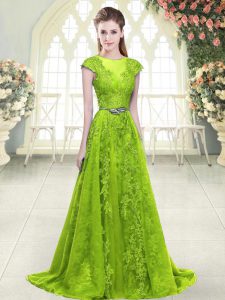Perfect Zipper Dress for Prom Yellow Green for Prom and Party with Beading and Pick Ups Sweep Train