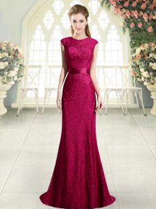 Fabulous Cap Sleeves Sweep Train Beading and Lace Backless Prom Dress