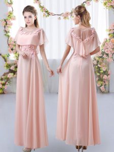 Custom Design Scoop Short Sleeves Quinceanera Court Dresses Floor Length Appliques Pink Chiffon