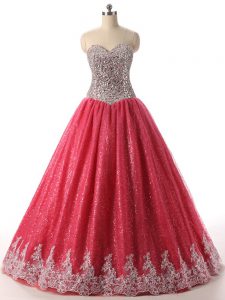 Sexy Floor Length Lace Up Quinceanera Gown Coral Red for Military Ball and Sweet 16 and Quinceanera with Beading and App