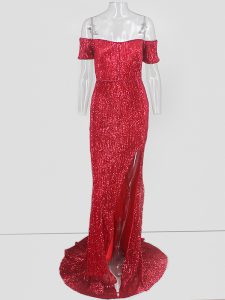 Nice Short Sleeves Sweep Train Prom Dresses in Red with Sequins