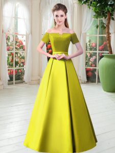 Yellow Green Prom Gown Prom and Party with Belt Off The Shoulder Short Sleeves Lace Up